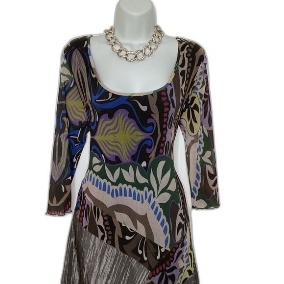Viviana Gabeiras Long Sleeve Mesh Print Multicolor Silver Crinkle Maxi Dress XL - Picture 2 of 11